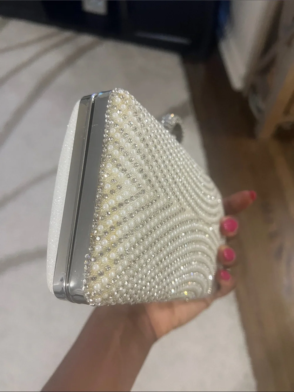 David's Bridal White Beaded Pearl & Crystal Evening Clutch